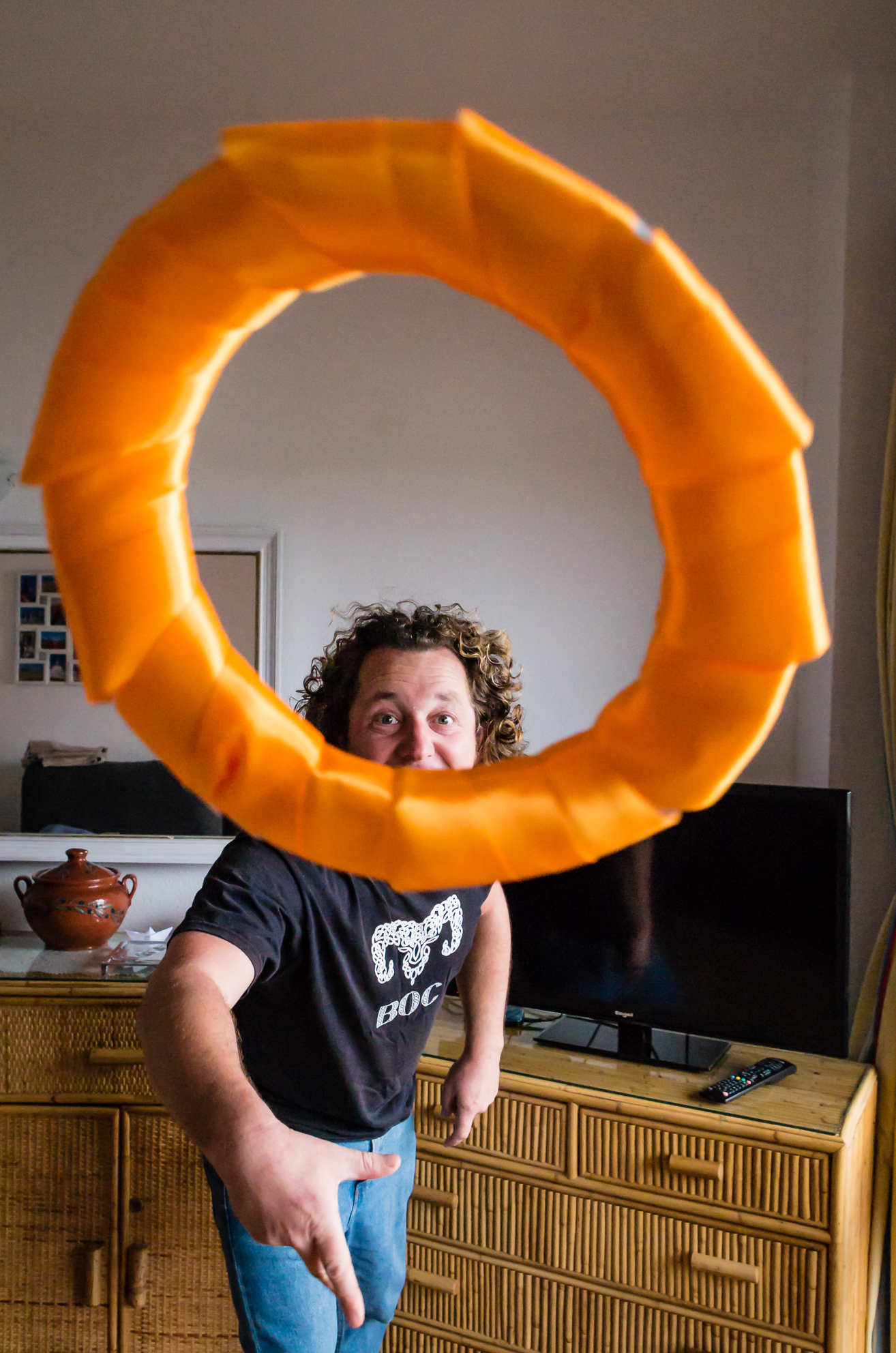 Juggling ring in flight towards the camera.