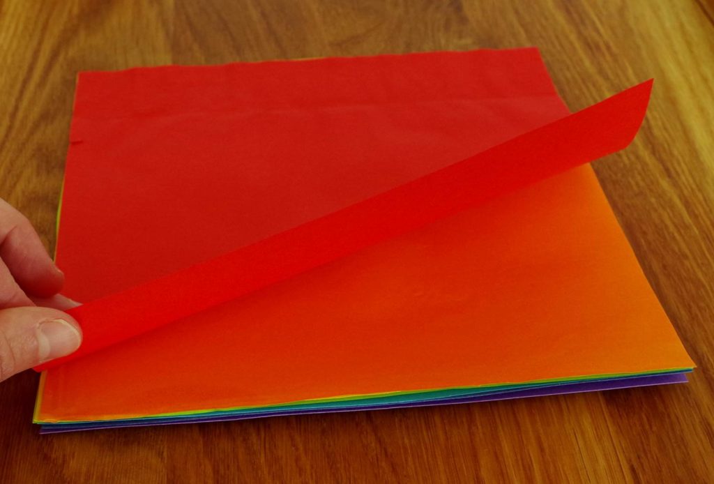 Seven colours of paper ready to rip a rainbow. Tear off one sheet at a time to get the rainbow effect. 