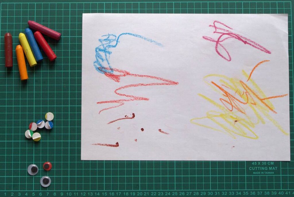 No preparation! Provide paper, crayons and sticky eyes then let your toddler create!